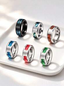 6PCS Stainless Steel Men's Rings, Wood Grain Color Inlay Rings, Men's Jewelry Accessories, Wedding Gift Jewelry, Rings For Daily & Party Wear - 6 Pieces - View 1