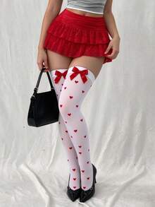 1 Pair Women's Plus Size Sweet White Thigh High Socks, All-Over Red Heart Print With Large Bow Decor - Multicolor - View 3