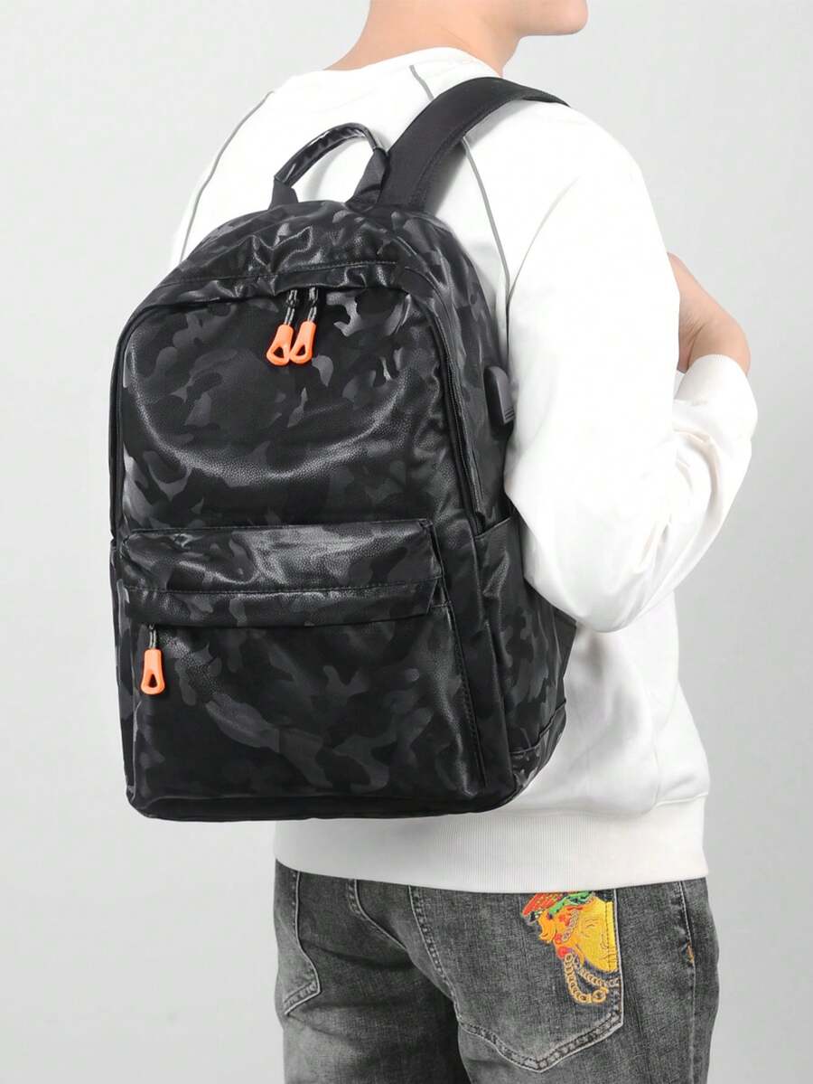 BEIQIANDAI 1pc PU Camouflage Backpack For Men, Large Capacity Laptop Bag With Breathable Shoulder Straps, Commuter Travel Student School Bag With Luggage Strap - Backpack - View 1