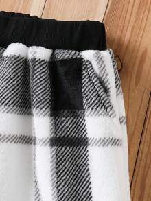 1pc Autumn/Winter 8-12Y Kids Fleece Asymmetrical Print Long Pants, Casual Comfortable Student Trousers - Black and White - View 4