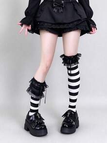 STAR RIVER Gothic Lace Trim Striped Over-The-Knee Socks, Lolita Subculture Punk Japanese Style Knee-High Socks Y2K, Halloween - Multicolor - View 2