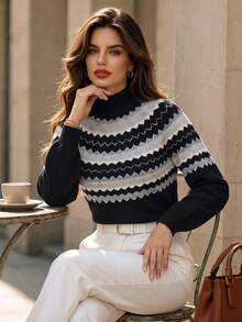 DONICY Women Elegant Half Turtleneck Fair Isle Sweater, Retro Wave Stripe Long Sleeve Cropped Knit Top - Multicolor - View 11