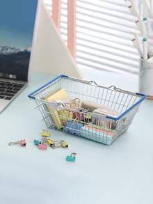 Mini Metal Wire Mesh Shopping Basket, Small Rectangular Desktop Storage Caddy With Red Rubber‑Coated Foldable Handle, Open‑Top Hollow Organizer Holder For Stationery Tiny Trinkets Photo Prop For Home Desk Decor, Christmas Essential - Multicolor - View 7