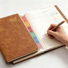 2027 Brown A5 Daily Planner Notebook PU Leather Hardcover Schedule Book With Colorful Index Divider Pages, Daily/Monthly/Yearly Goal Setting Pages, Suitable For Business, Office, Study, Home, Back To School, Teacher's Day, Nurse's Day, Business Gift, New Year Gift - A5 - View 2