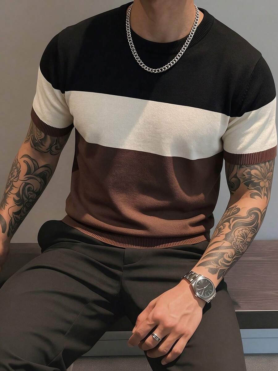 Men's Colorblock Crew Neck Short Sleeve Casual Knit Top - Coffee Brown - View 1