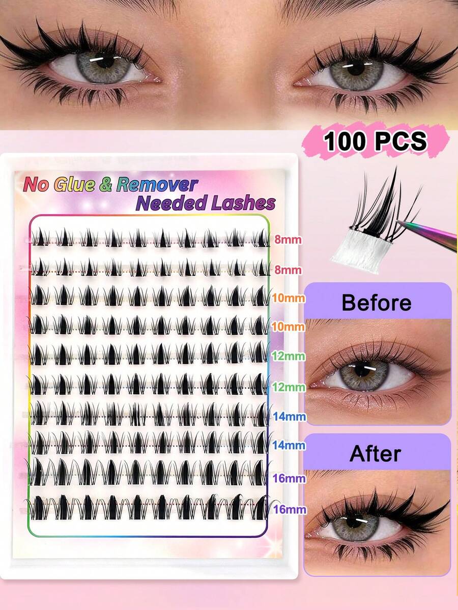 100pcs Self-Adhesive False Eyelash Clusters, 8-16mm Mixed Fluffy Spiky Cartoon Anime Individual Lashes, Self-Adhesive DIY Lash Extension Clusters, Natural Thin C-Curl Flared Cat Eye False Eyelash Clusters - Black - View 1