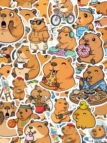 50Pcs PP Capybara Stickers, Cute Kawaii Cartoon Style, Including Capybaras, Food, Coffee, Pizza, Sushi, Space Elements, For Journal Collage, Water Bottle, Luggage, Skateboard, Tablet, Notebook, Storage Box, DIY Craft Decor - Multicolor - View 1