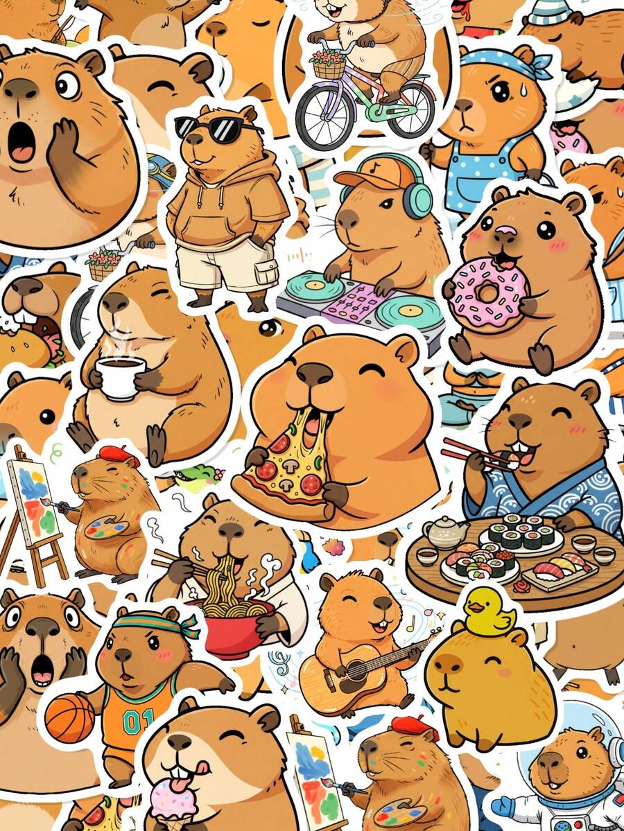 50Pcs PP Capybara Stickers, Cute Kawaii Cartoon Style, Including Capybaras, Food, Coffee, Pizza, Sushi, Space Elements, For Journal Collage, Water Bottle, Luggage, Skateboard, Tablet, Notebook, Storage Box, DIY Craft Decor - Multicolor - View 1