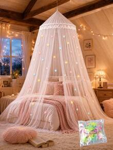 Round Dome Mosquito Net Canopy Set With Random Color Glow Star Stickers, Fine Mesh Hanging Bed Curtain, Soft Flowing Bedroom Decor, Elegant Colors Available - Multicolor - View 3