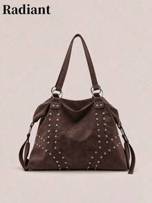 Vintage Shoulder Tote Bag No Pattern Faux Leather With Rivets Detachable Crossbody Strap Casual Retro Style For Women Daily Autumn Winter Use - Coffee - View 9