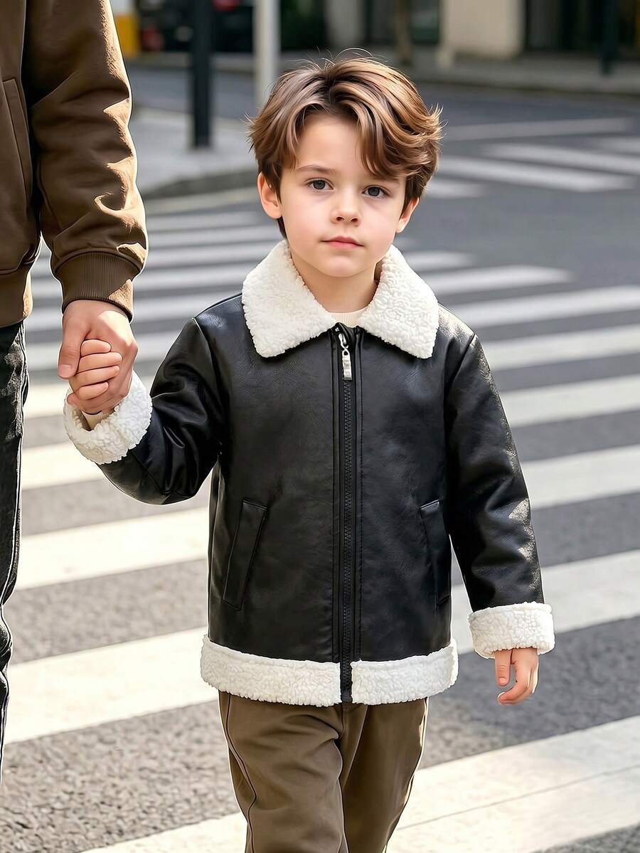Young Boy Casual Fashion Solid Color Thermal Lined Zip-Up Jacket With Collar, Autumn/Winter - Black - View 1