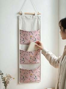 3-Pocket Wall Hanging Storage Bag, Floral Leopard Print, Linen Multi-Function Hanging Storage Bag, With Wooden Rod And Hanging Rope, Suitable For Bedroom, Dorm, Bathroom Door, Can Store Sundries, Underwear, Socks, Keys, Home Essential, Holiday Gift, Christmas Gift - Multicolor - View 9