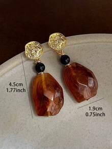 1 Pair Fashionable Vintage Synthetic Resin Geometric Earrings, Suitable For Vacation, Party And Daily Wear - Brown - View 3