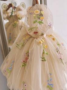女嬰刺繡花瓣袖鏤空背網紗公主裙，適合女孩生日派對、花童婚禮、重要場合、節日慶祝禮服 - 金色 - 查看 4