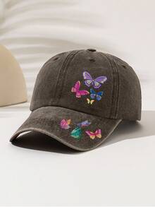 1pc Fashionable Adjustable Washed Baseball Cap, Suitable For Camping, Travel, Party And Fitness, Perfect For Various Outdoor Activities, Printed With "Butterfly" Pattern And Text, Elegant And Versatile, Great For Camping And Casual Wear, Ideal Gift For Family And Friends - Washed Cap - View 10