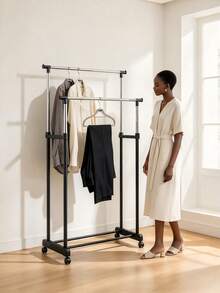 1pc Double Rod Mobile Clothes Drying Rack With Wheels, Simple Freestanding Garment Rack For Indoor Clothes Hanging, Suitable For Bedroom, Balcony And Cloakroom Use - A - View 1