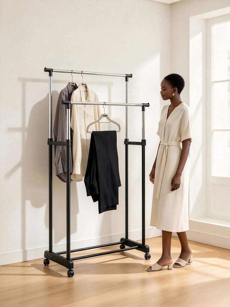 1pc Double Rod Mobile Clothes Drying Rack With Wheels, Simple Freestanding Garment Rack For Indoor Clothes Hanging, Suitable For Bedroom, Balcony And Cloakroom Use - A - View 1