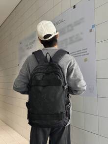 Men Daily Rucksack + Y2K Star Printed Backpack + Multiple Side Pockets + School Weekend Hiking + Dark Black Solid Tone Webbing Detail - Multicolor - View 3
