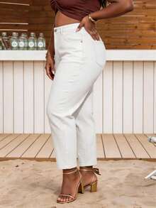 Plus Size White Vintage Mom Style Short Denim Jeans, Non-Stretch, With Pockets And Zipper, Casual Everyday - White - View 6