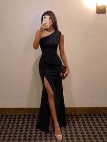 ADYCE Elegant Backless Solid Color Vintage One-Shoulder Cinched Waist High Slit Bodycon Maxi Dress, Bridesmaid Dress, Wedding Guest Dress, Party Dress - Black - View 3