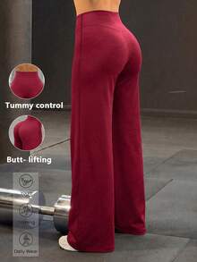 Women's Casual Sports Pants, High Waist Tummy Control Butt Lifting Basic Wide Leg Pants, Suitable For Yoga, Running, Training, Daily Wear - Burgundy - View 2
