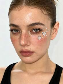 1pc Autumn/Winter New Heart & Round Rhinestone Face Sticker, Large And Small Hearts Paired With Transparent Round Rhinestones, Creating A Minimalist Luxury Vibe, Perfect For Party, Dance, Concert And Other Occasions - Multicolor - View 5
