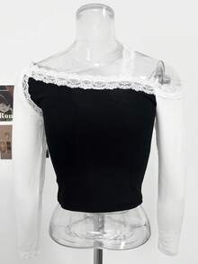 Sexy Style Faux 2-Piece Halter Neck Long Sleeve T-Shirt Women Spring Autumn Asymmetrical Shoulder Inner Layer Lace Camisole Top - Black - View 7