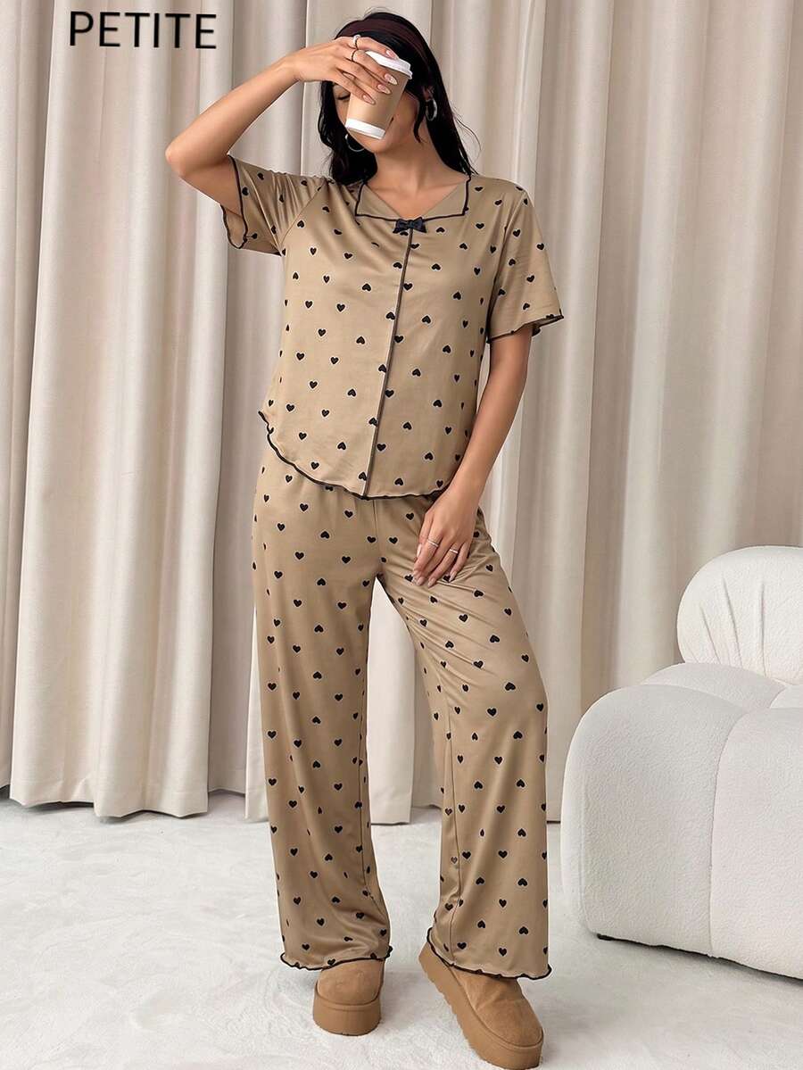 Women's Pajama Set. Heart Print Short Sleeve And Long Pants Casual Set. 2 Pieces Petite Women's Pajama Set, Spring/Summer Clothing. - Champagne - View 1