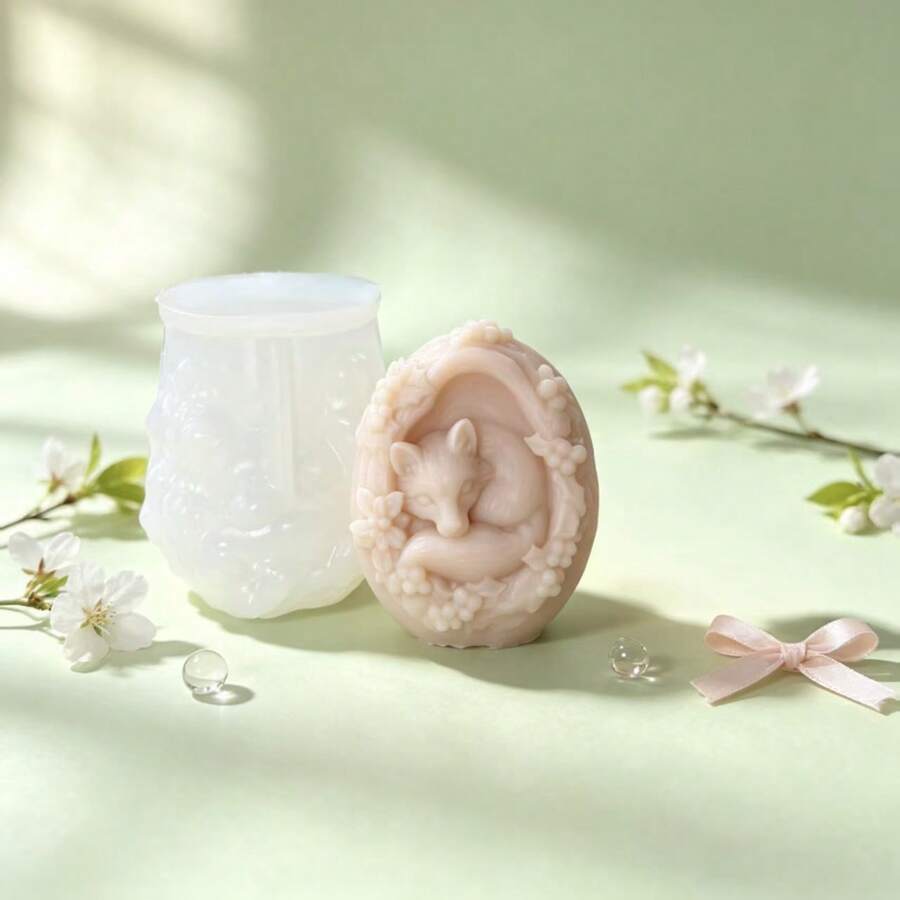 Floral Wreath Sleeping Fox Silicone Mold For DIY Handmade Candles, Aromatherapy, Plaster, Soap - White - View 1