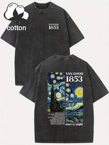 Vintage Washed Van Gogh Starry Sky Graphic Letter Print Plus Size T-Shirt, Women Casual Loose Summer Top Black - Black - View 9