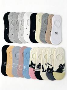 5/10 Pairs Cute Cat Bow Heart Invisible Socks, Multi-Pack Women's Non-Slip Low-Cut Boat Socks - Multicolor - View 9
