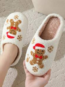 2026 New Autumn/Winter Christmas Couple Thermal Lined Slippers, Gingerbread Man Pattern Men's Warm Comfortable Home Shoes - Brown - View 1