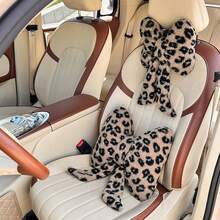 1pc Fashion Leopard Print Bow Car Headrest Lumbar Support, Soft Plush Neck Pillow, All-Season Use, Women's Car Interior Decoration Accessory - A - View 9