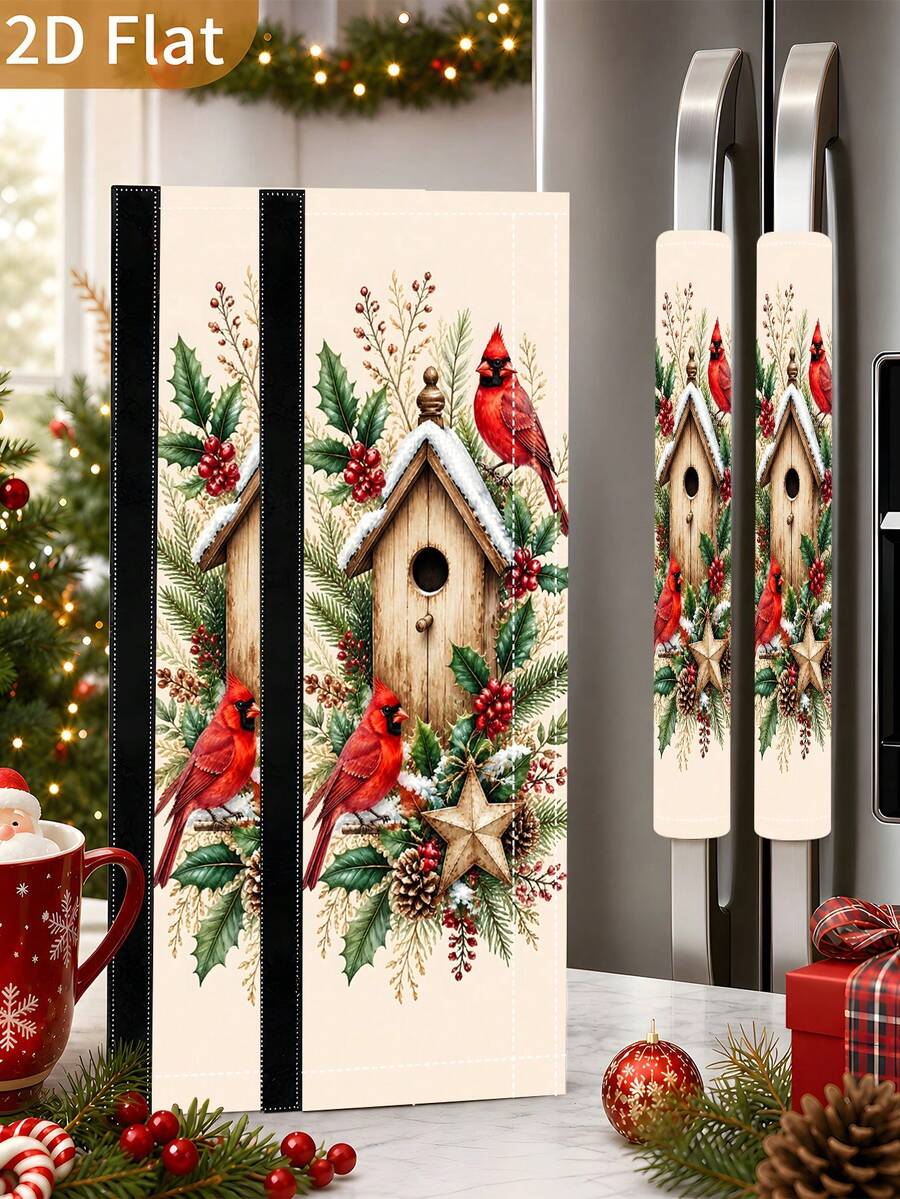 1/2Pcs Christmas Refrigerator Handle Covers, Cardinal And Berry Pattern, With Hook And Loop, Suitable For Refrigerator, Oven, Microwave, Dishwasher, Christmas Holiday Kitchen Decor - View 1