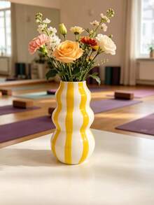 1PC Rustic Ceramic Vase - 1PC Asymmetrical Gourd-Shaped Striped Abstract Vase For Flowers | Tabletop & Living Room Shelf Decor - Ideal Valentine's Day & Mother's Day Gift - Multicolor - View 10