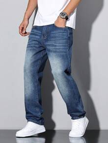 Tween Boys Elastic Waist Straight Leg Casual Denim Jeans With Pockets, All Season - Medium Wash - View 1