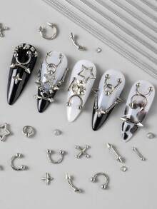 12-Grid Gothic Style Nail Art Decorations 3D Punk Y2K Silver Metal Rivets Star-Shaped Bullet Studs Alloy Pierced Punk DIY Nail Decor Suitable For Home And Nail Salon - Multicolor - View 4