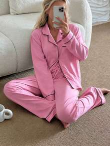 2pcs Women Notched Collar Long Sleeve Pajama Set, Comfortable Casual Sleepwear & Loungewear - Watermelon Pink - View 2