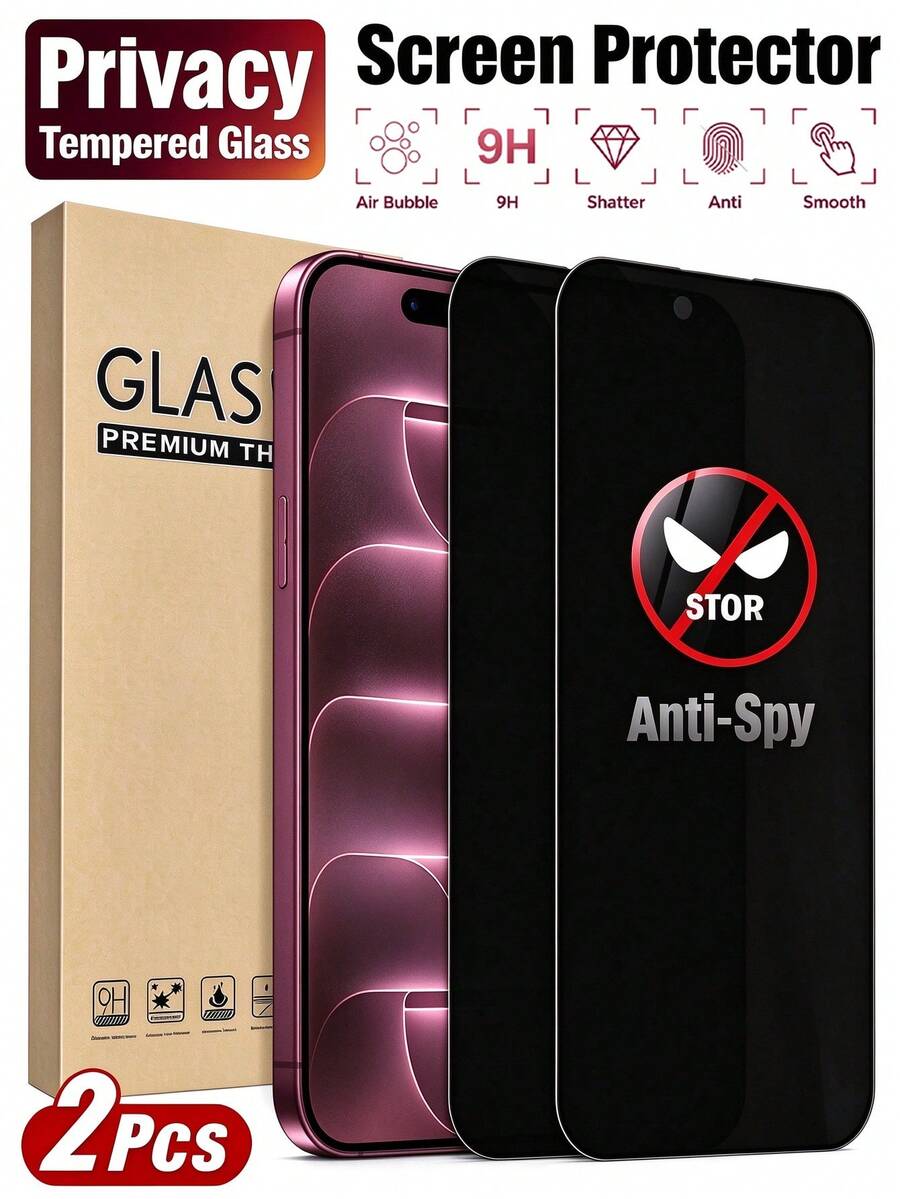 2 قطعة واقي شاشة من الزجاج المقسى، متوافق مع iPhone 18Promax/18Pro/17 Pro/17/16 Pro Max/16 Pro/16 Plus/16/15/14/13/12/11/XS/XR، شفافية فائقة الوضوح، مضاد للانعكاس، خالي من الفقاعات سهل التركيب، زجاج مقسى 9H، مضاد للتجسس، حماية خصوصية الشاشة الكاملة