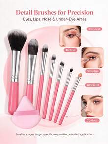 8pcs Makeup Brush Set, Foundation Brush, Blush Brush, Eyeshadow Brush, Contour Brush, Powder Brush, With Triangle Powder Puff, Mini Makeup Set, Portable Beauty Tools - Pink - View 7
