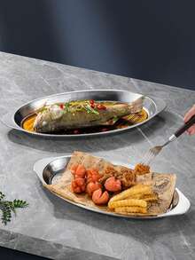 Stainless Steel Dual Handle Non-Stick Oval Thickened Steaming Fish Plate, Home Use Serving Dish, BBQ Plate, Dinner Plate, Egg-Shaped Plate - View 10