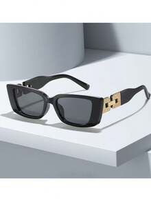 1pc Plastic Frame Geometric Metal Accessory Temple Outdoor Travel Personalized Posing Black Frame Decorative Fashion Glasses - Grey - View 2