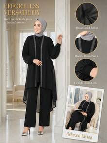 3 Pieces Women's Casual Solid Color Jacket, Top And Pants Set Spring Black Fall - Black - View 7