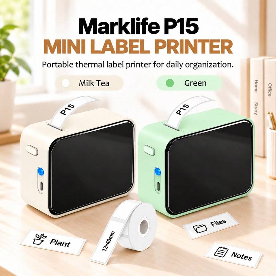 Printer Label Perekat Mini Marklife P15, Printer Termal Portabel, Mesin Cetak Label Stiker Nama, Pembuat Stiker Tag Perekat Tanpa Tinta Bluetooth