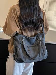 1件裝黑色做舊啞光PU女款酷感大號托特包，可調節寬肩帶，拉鍊開合，大容量，復古工裝風，通勤旅行斜挎包，多口袋設計 - 黑色 - 查看 8