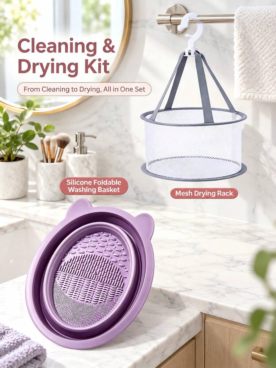 2pcs/Set Foldable Silicone Cleaning Tools + Drying Rack, Soft Makeup Brush Cleaning Bowl, Gentle Care Brush And Puff Cleaner - A - View 1