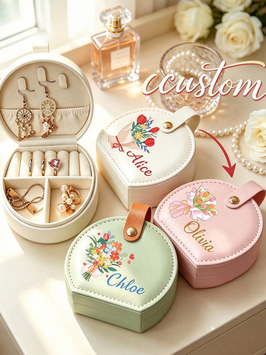 Customized Personalized Minimalist Rectangular Jewelry Box, Custom Name Design, Multi-Compartment Storage Box, Suitable For Rings, Earrings, Necklaces, Watches, Portable Travel Jewelry Organizer, Birthday, Bridesmaid, Wedding, Christmas Gift - Multicolor - View 1