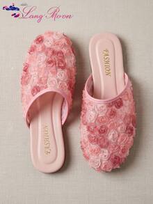 LangMoon Ashlee LangMoon 2026 Elegant 3D Pink Rose Closed Toe Mule Slippers, Gradient Mesh Rose Design Flat Slippers, Elegant Romantic Style All-Season Daily Versatile Elegant Shoes - Baby Pink - View 2