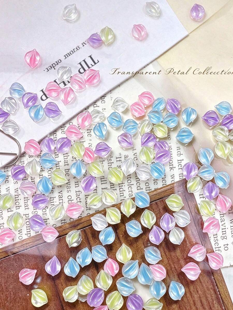 Elevate Your Nail Accessories, Random Color 60/120PCS, Macaron Solid Color Petal Nail Art Decor, Ice Transparent Petal Lily Ice Crystal Flower Studs, Suitable As Holiday Gift For Girls - Multicolor - View 1