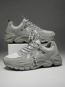 Light Gray Mesh Patchwork Men's Chunky Sneakers With Letter Webbing Decor, Thick Platform Sole, Retro Casual Lace-Up Everyday Wear Shoes - Light Gray - View 5